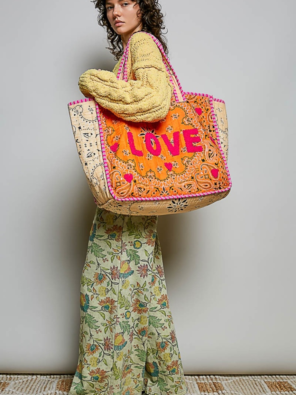 POL Color block Paisley LOVE Heart Graphic Quilted Large Tote Shoulder bag - Picture 10 of 10